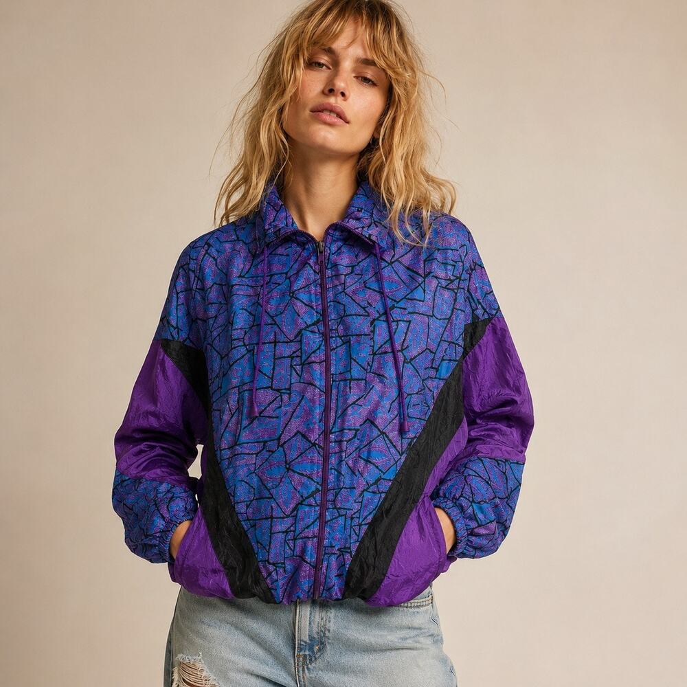 Vintage 80s Active Elements Windbreaker Jacket M Purple Teal